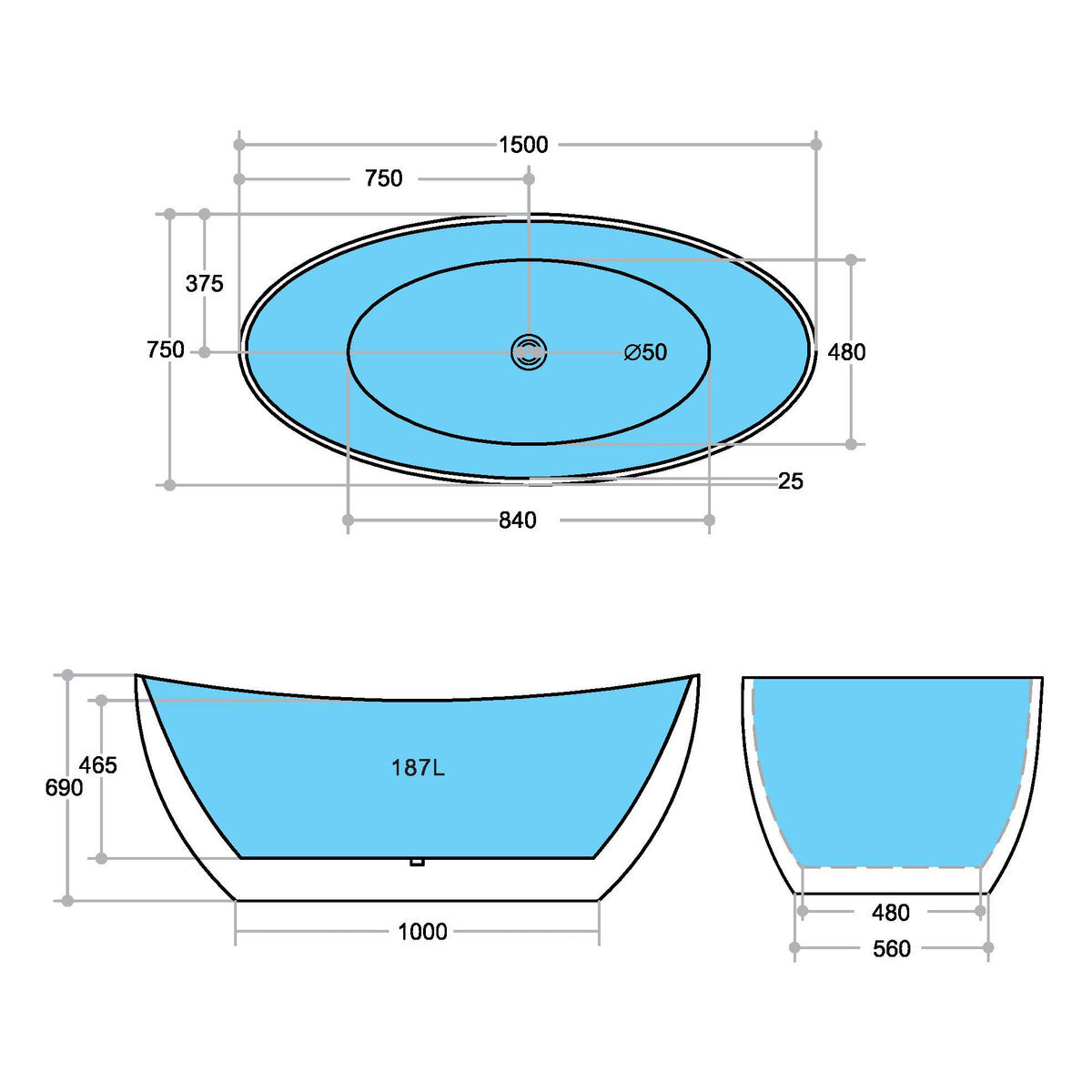 Stella 1500x750x690mm Freestanding Bathtub, Matte Black Outside Matte White Inside
