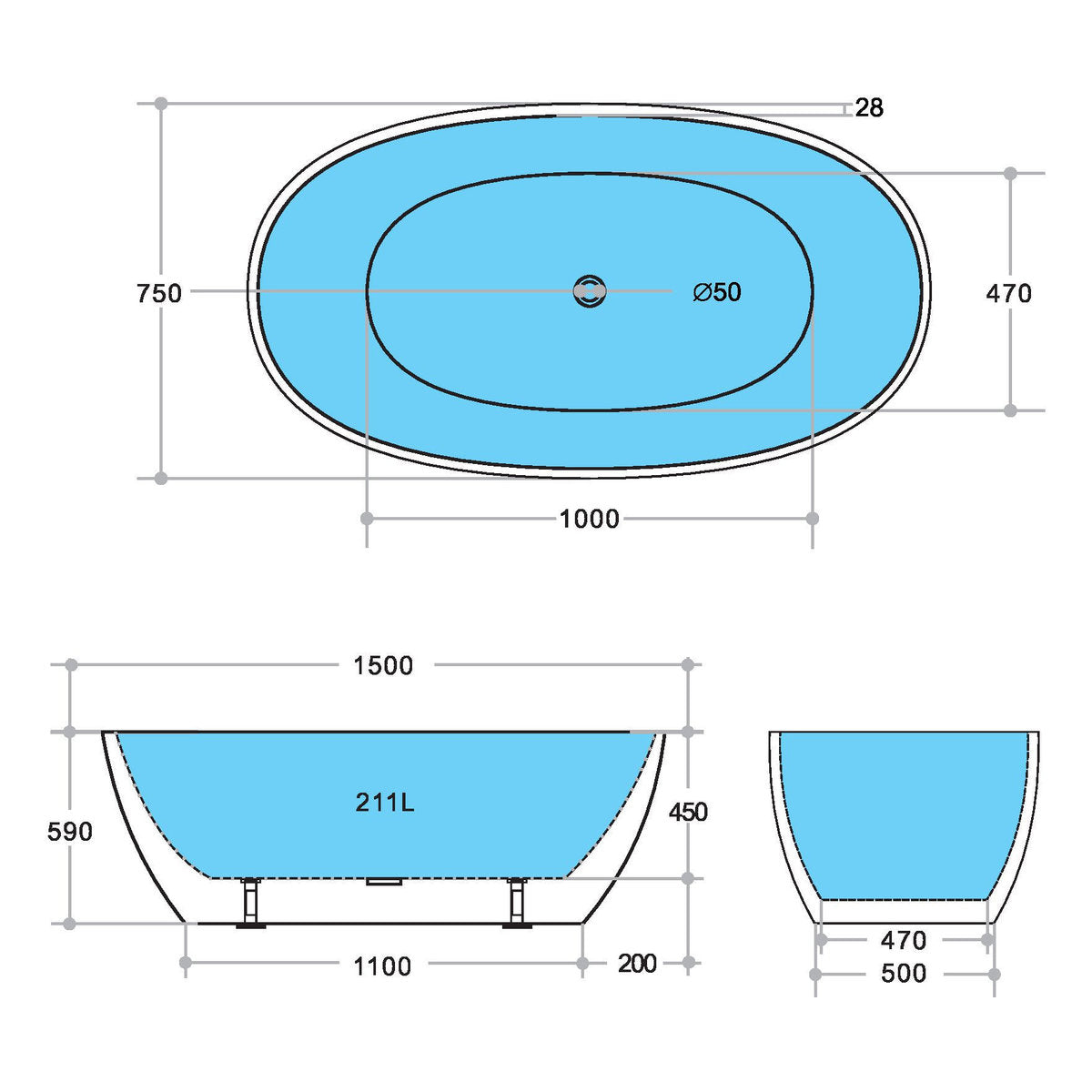 Stella 1500mm Freestanding Bathtub, Gloss Black Outside Gloss White Inside