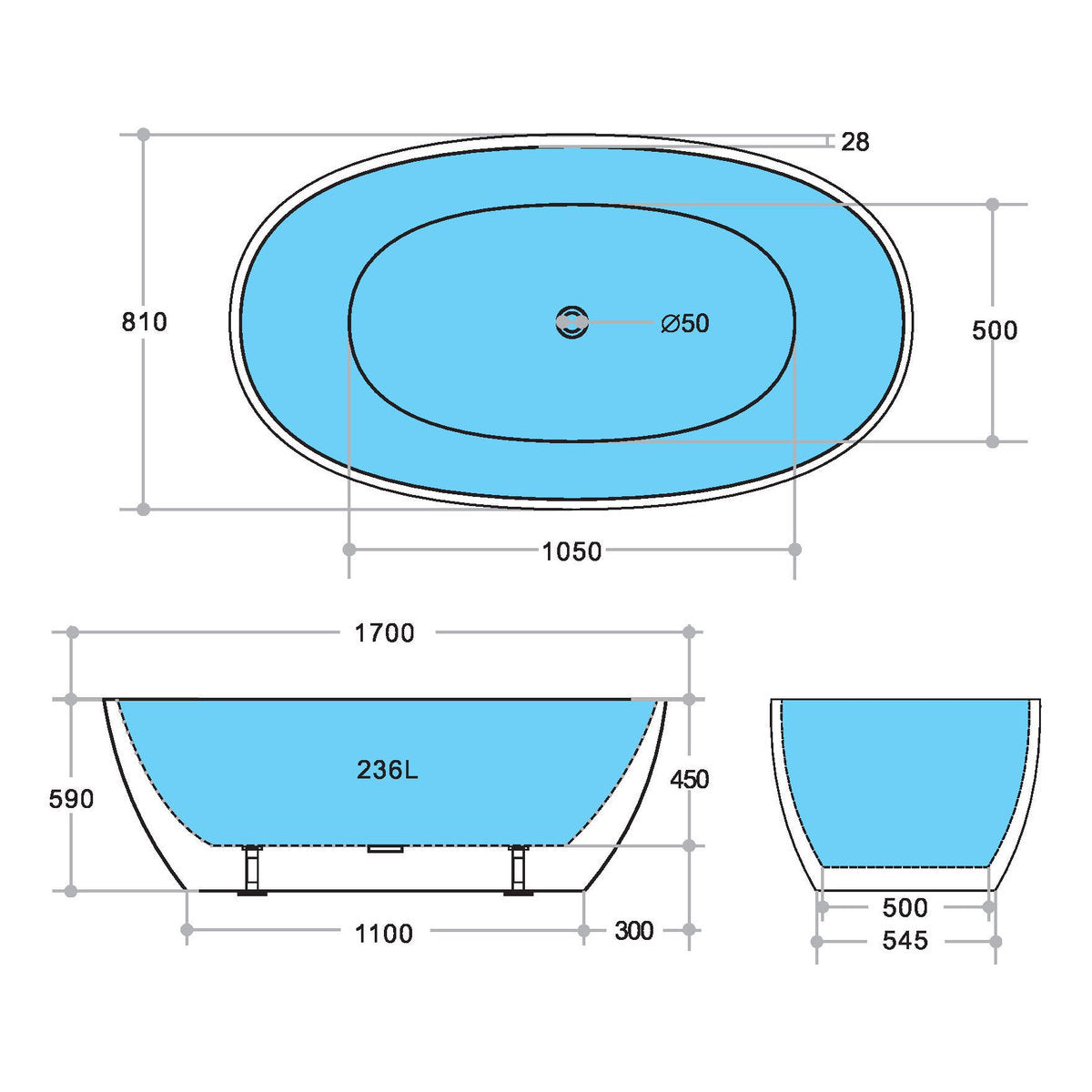 Stella 1700mm Freestanding Bathtub, Matte Black Outside Matte White Inside