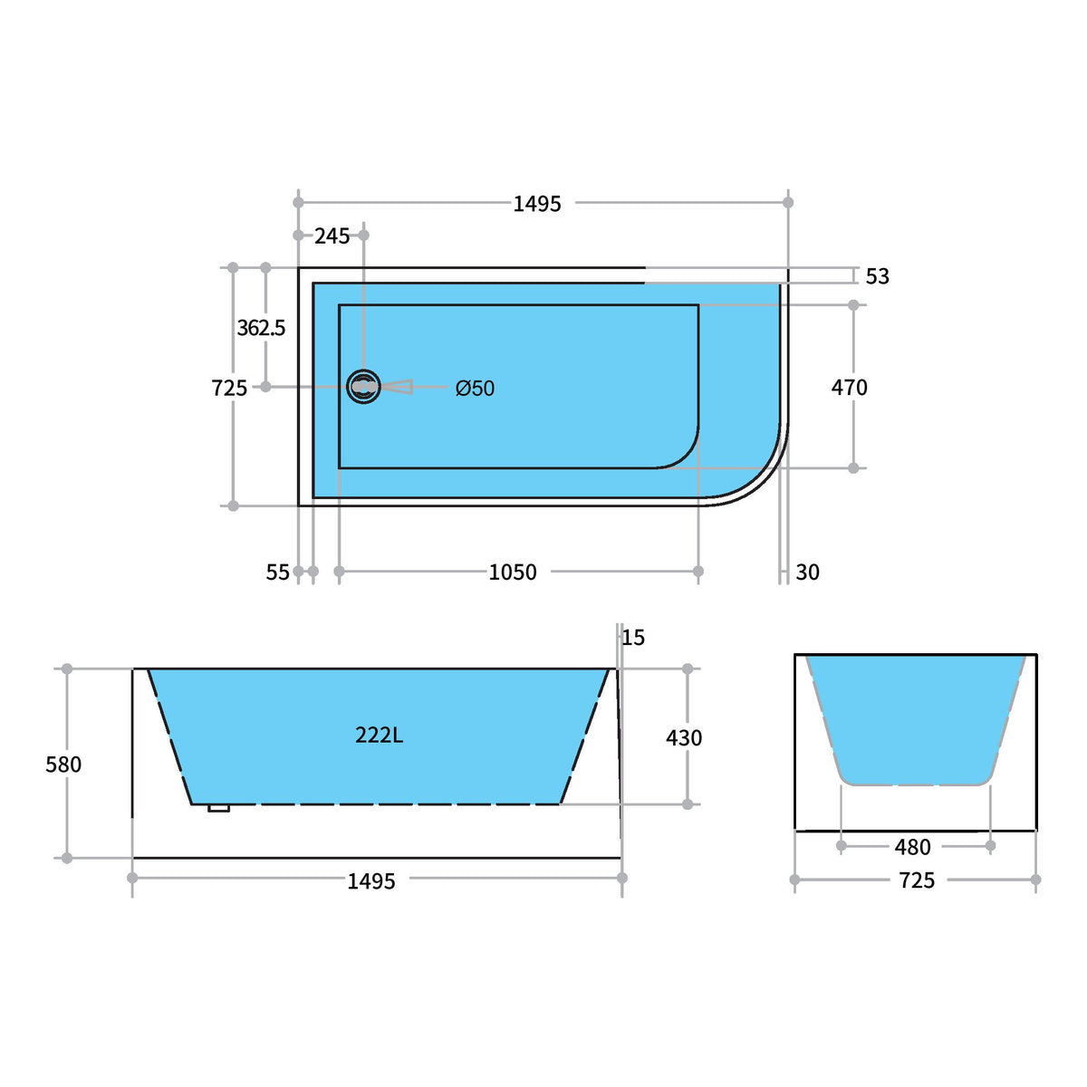 Stella 1500mm Left Corner Bath, Matte White