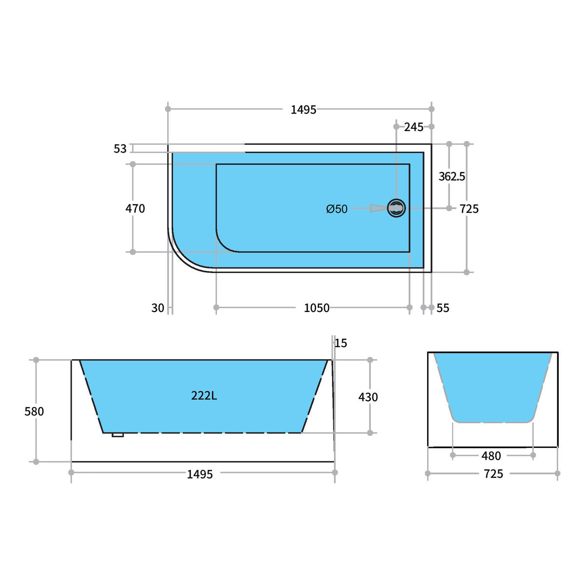 Stella 1500mm Right Corner Bath, Matte White