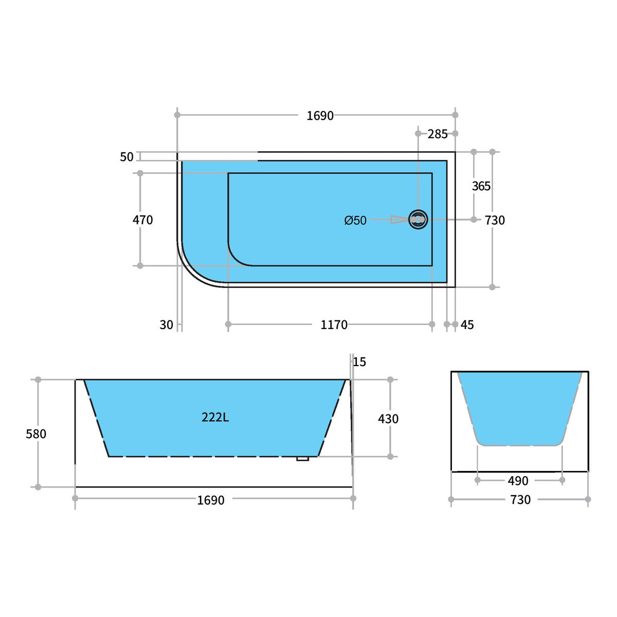 Stella 1700mm Right Corner Bath, Matte White