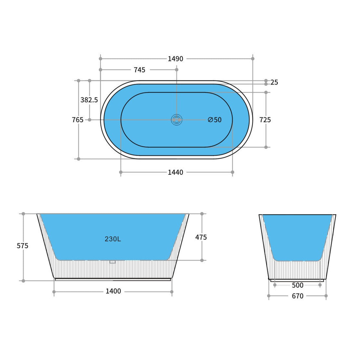 CETO Ally Groove 1500mm Fluted Oval Freestanding Bath, Matt Black