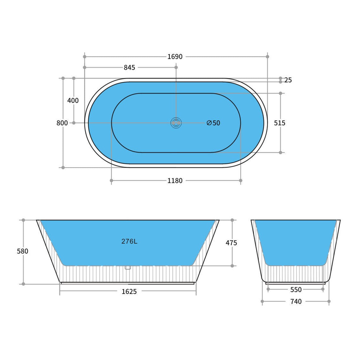 CETO Ally Groove 1700mm Fluted Oval Freestanding Bath, Gloss White