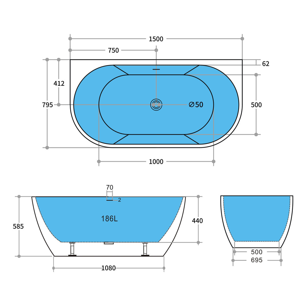 1500mm Back to Wall Bath With Overflow, Matte White