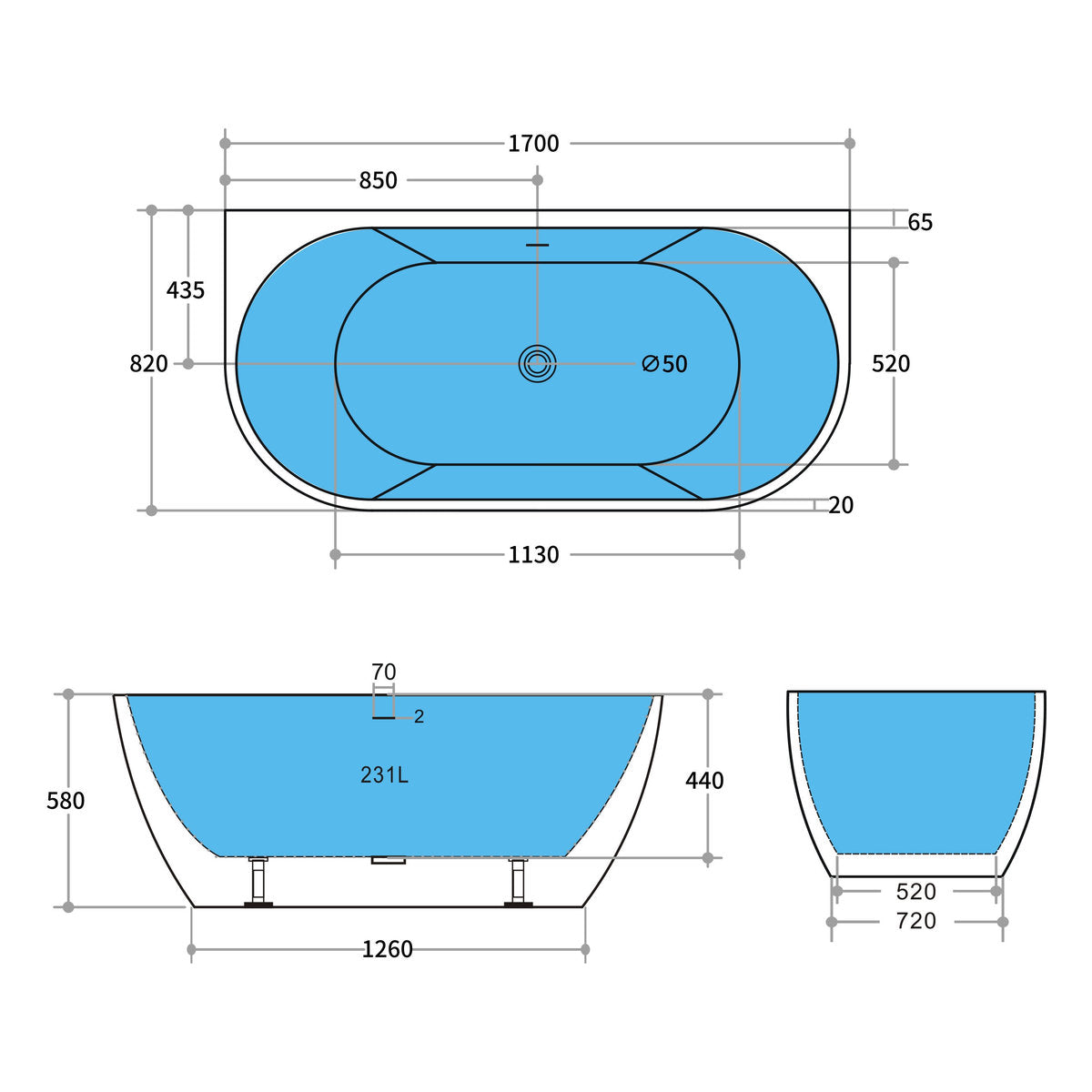 1700mm Back to Wall Bath with Overflow, Gloss White