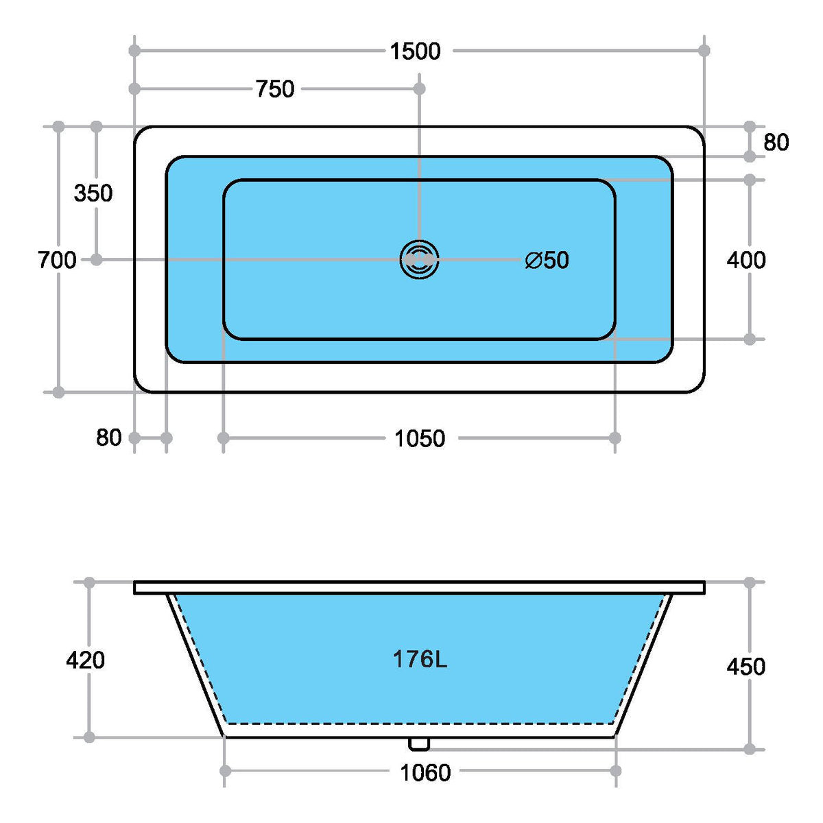 Stella 1500mm Insert/Island Bathtub with Overflow