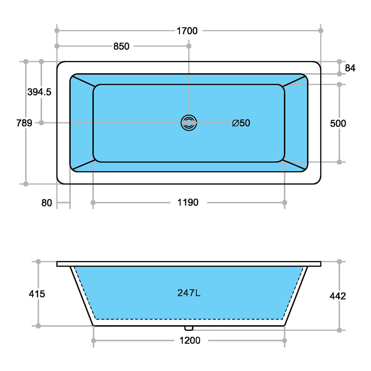 Stella 1700mm Insert/Island Bathtub with Overflow