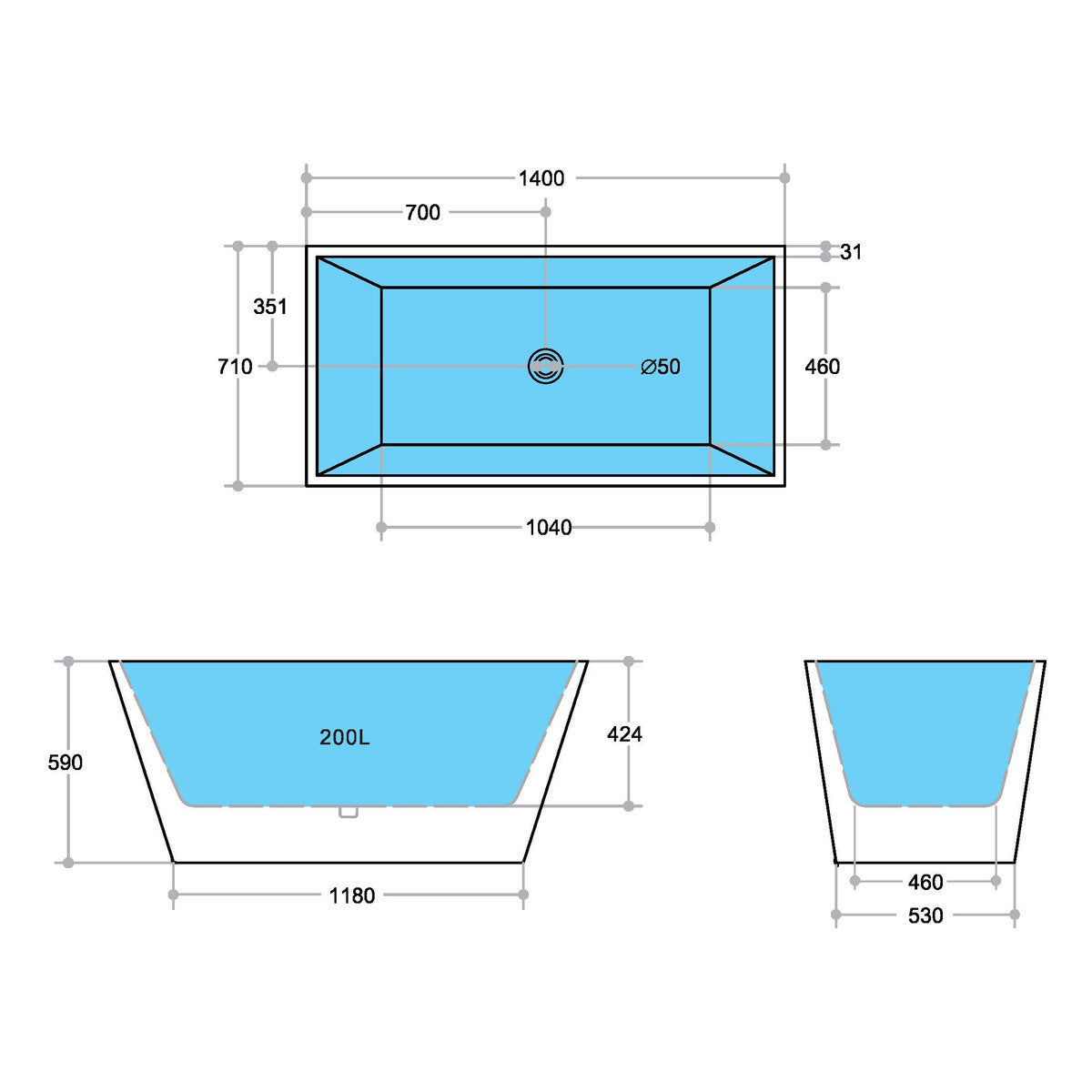 Stella 1400mm Freestanding Bathtub, Gloss White