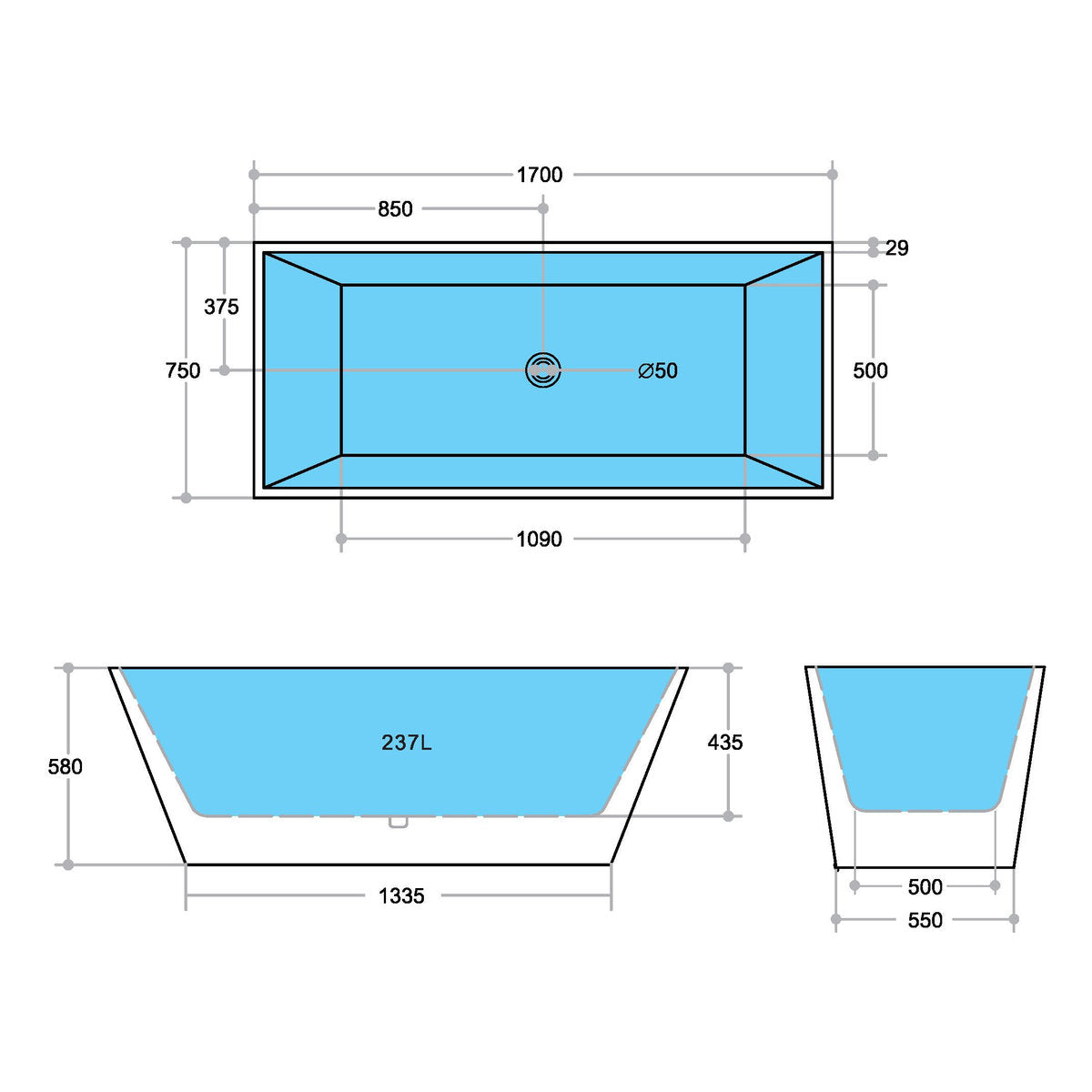 Stella 1700mm Freestanding Bathtub, Gloss White