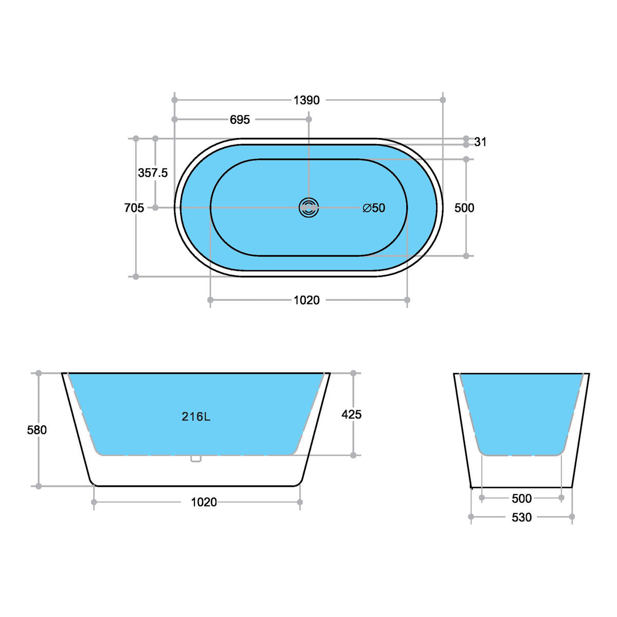 Essence 1390mm Freestanding Bathtub, Gloss White