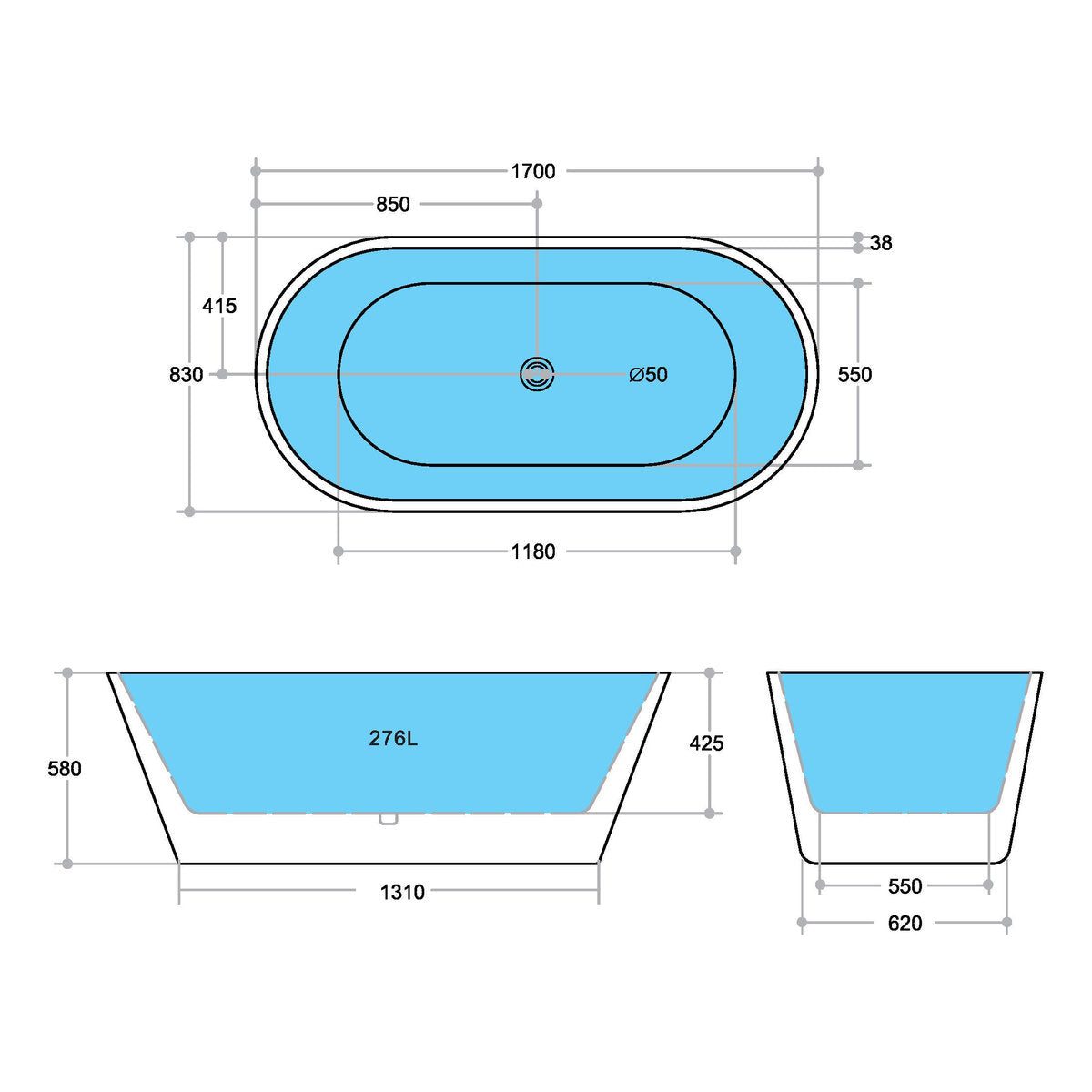Essence 1700mm Freestanding Bathtub, Gloss White