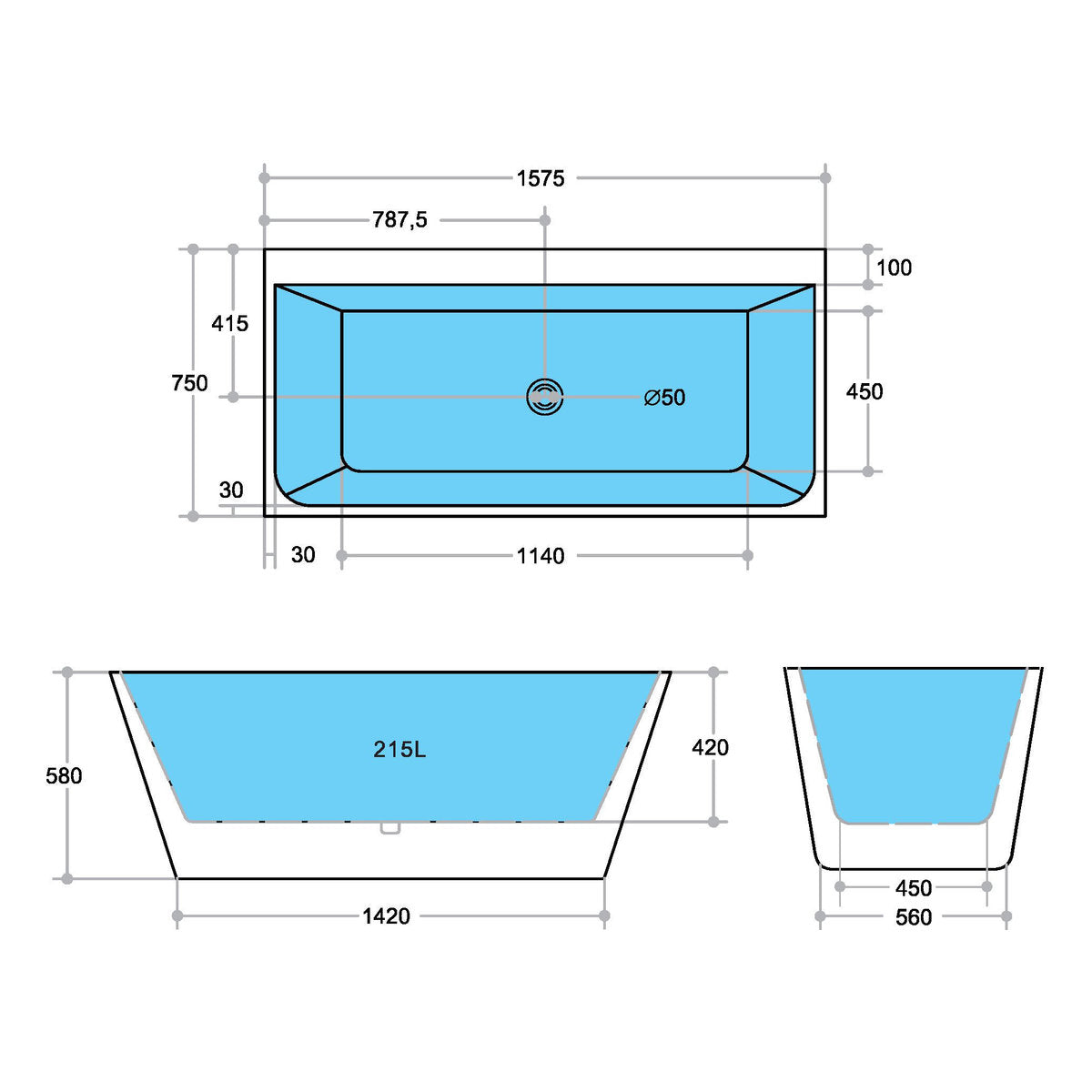 Azzura 1575mm Back to Wall Freestanding Bath