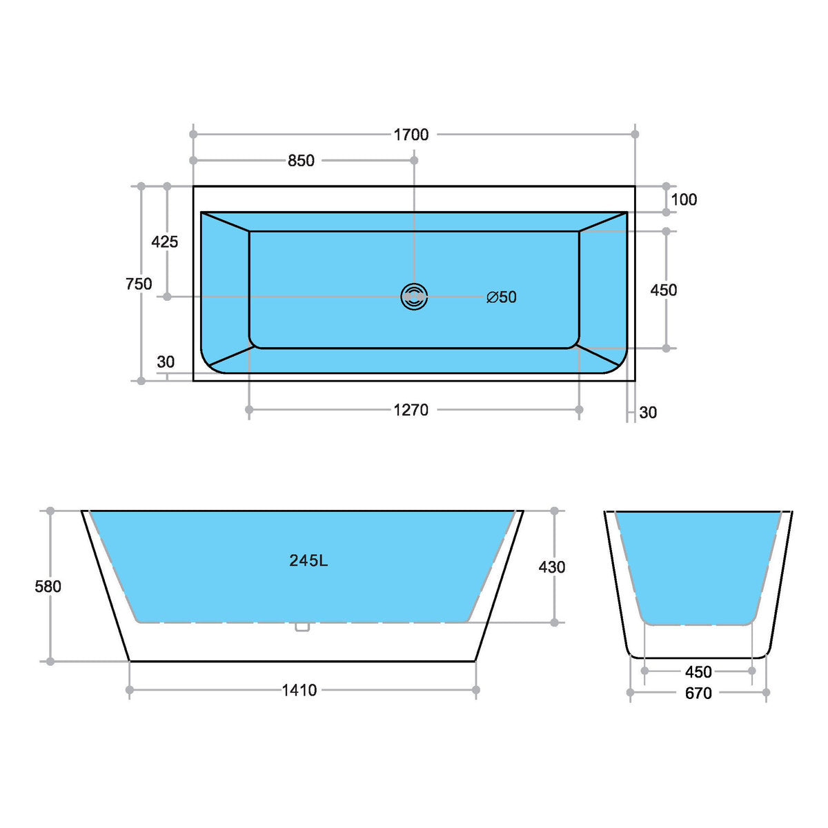 Azzura 1700mm Back to Wall Freestanding Bath