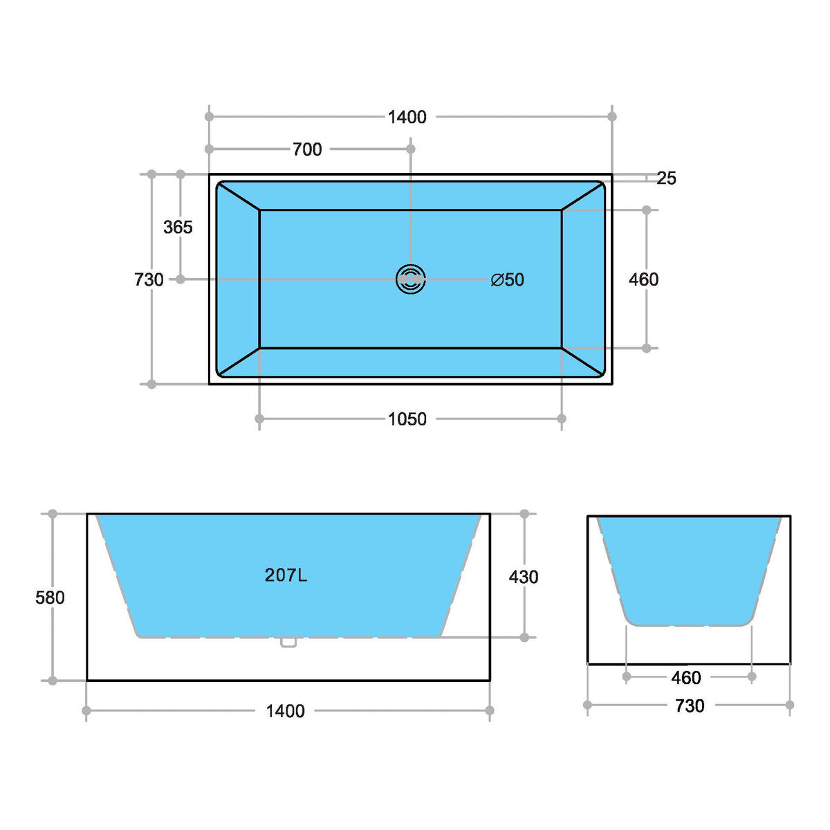 Milano 1400mm Multi-Fit Bath, Gloss White