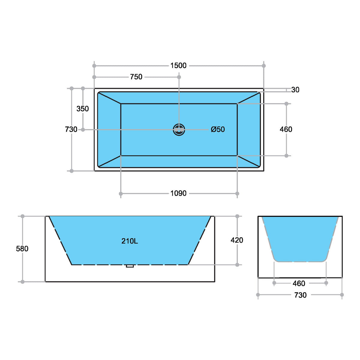 Milano 1500mm Multi-Fit Bath, Gloss White
