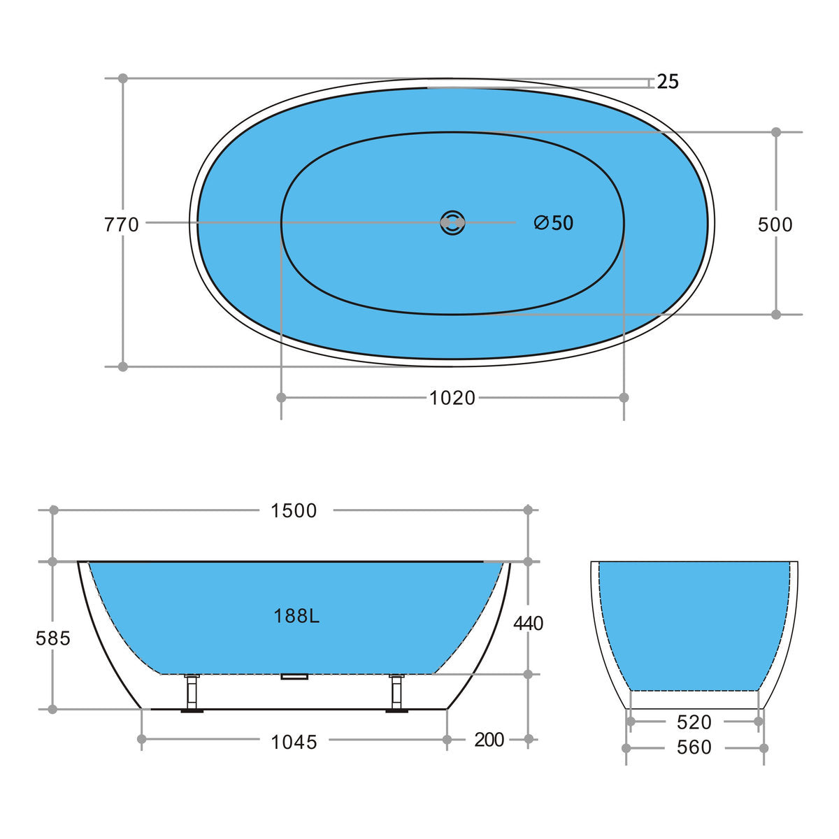 Olivia 1500mm Freestanding Bathtub, Gloss White