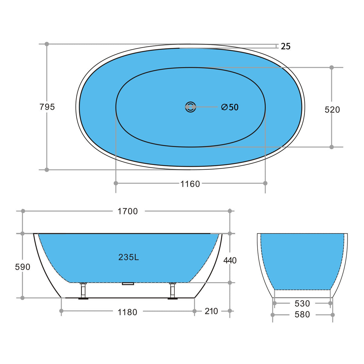 Olivia 1700mm Freestanding Bathtub, Matte White