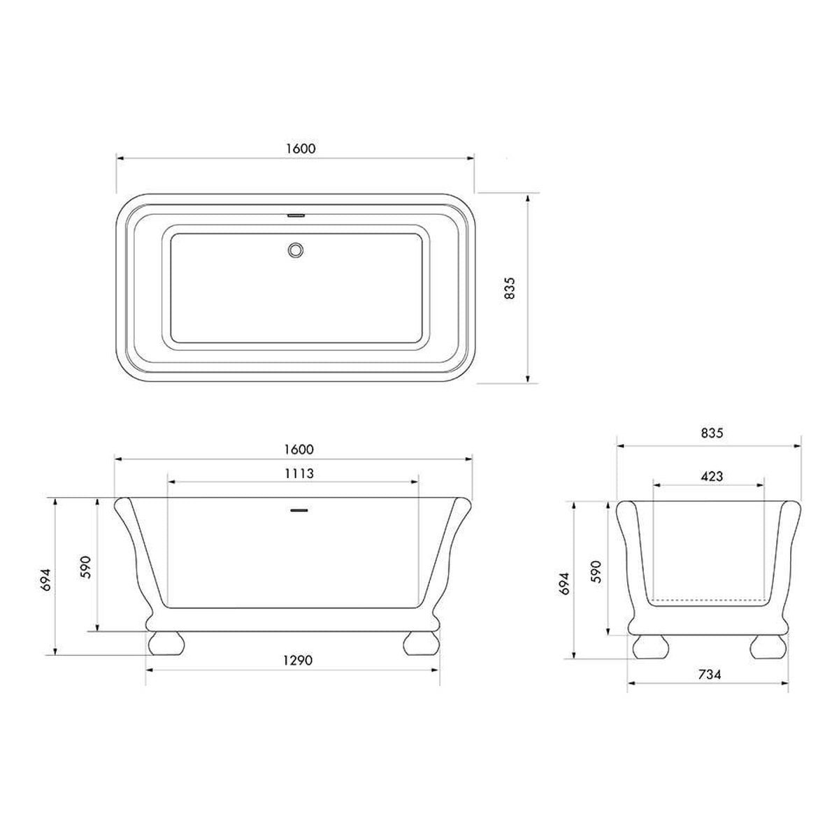 Kirkham 160 x 85 TitanCast Solid Surface Freestanding Bath with Ball Feet - Gloss White