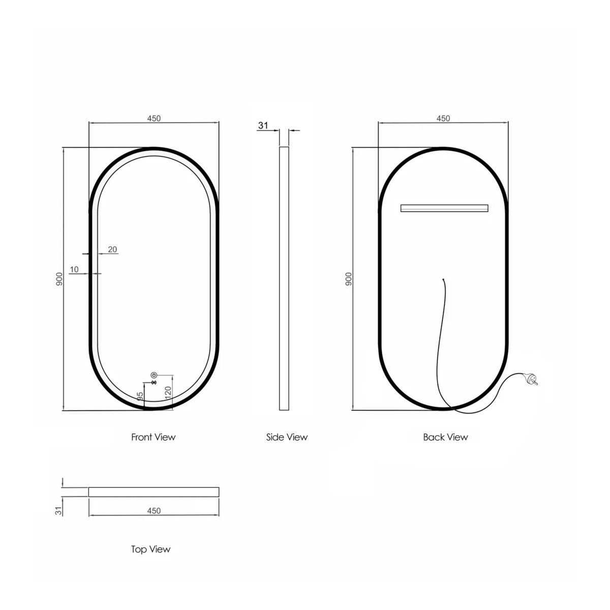LED Noosa 900(H)x450(W) Black Metal Frame Tuffi Mirror