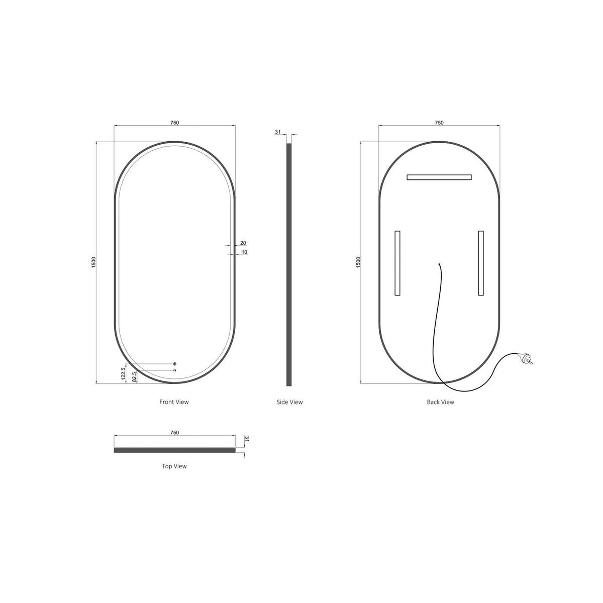 LED Noosa 1500X750 Black Metal Frame Mirror