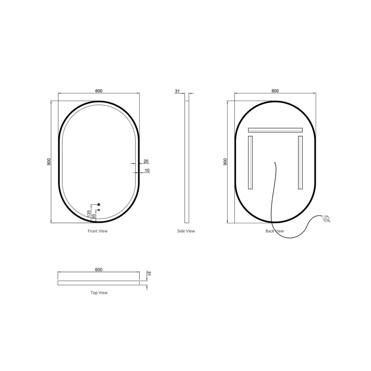 LED Noosa 900X600 Black Metal Frame Mirror