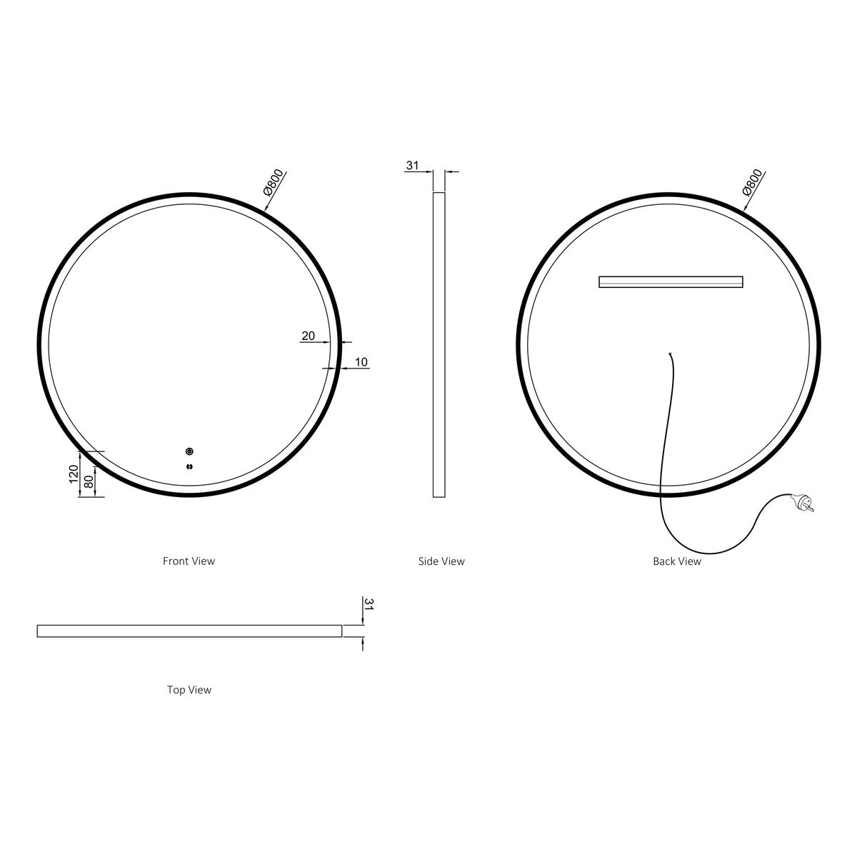 Otti LED Bondi 800mm Gold Metal Round Frame Mirror