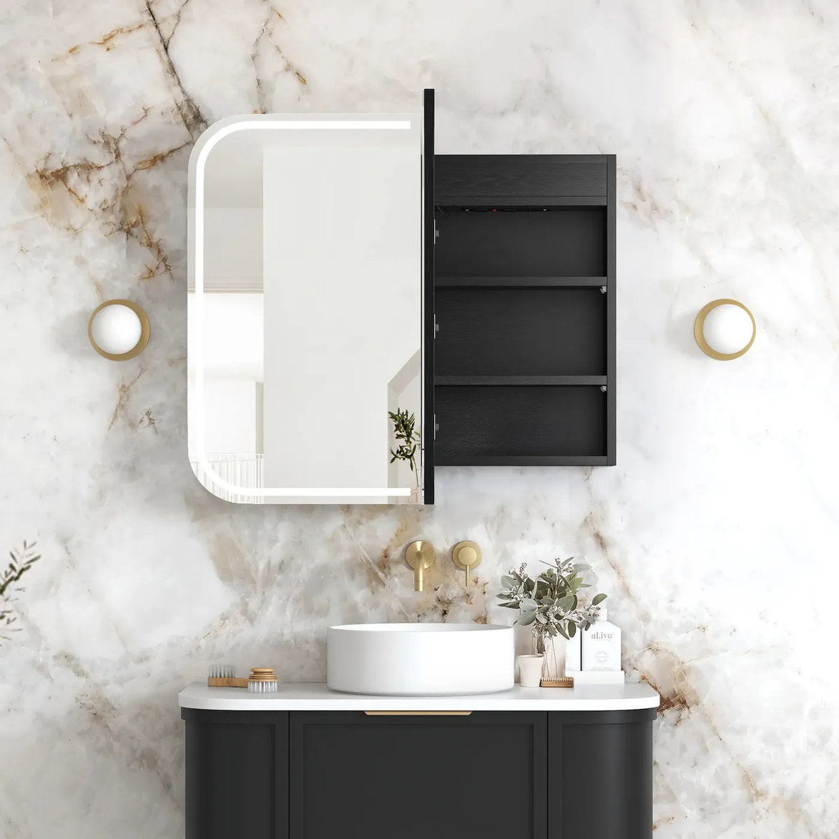 Otti LED Newport 900(W)x750(H) Black Oak Shaving Cabinet - Premium Edition