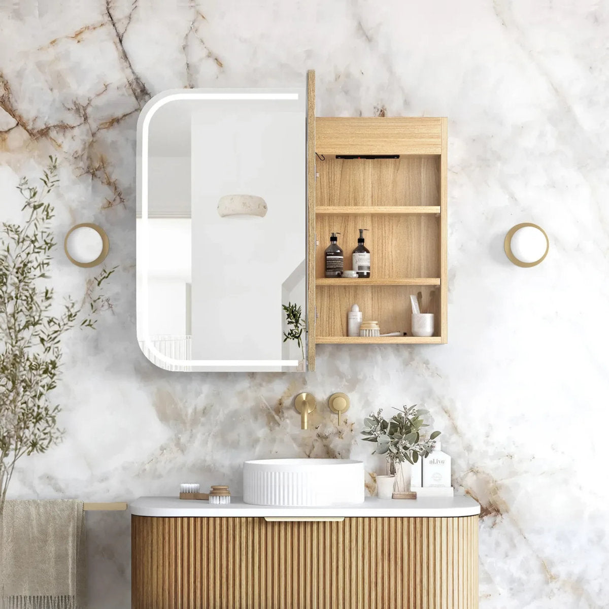 Otti LED Newport 900(W)x750(H) Woodland Oak Shaving Cabinet - Premium Edition