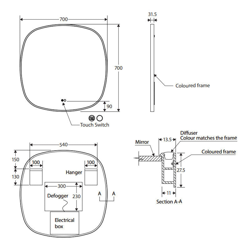 Kiara LED Framed Squircle Mirror, 700mm, Brushed Copper