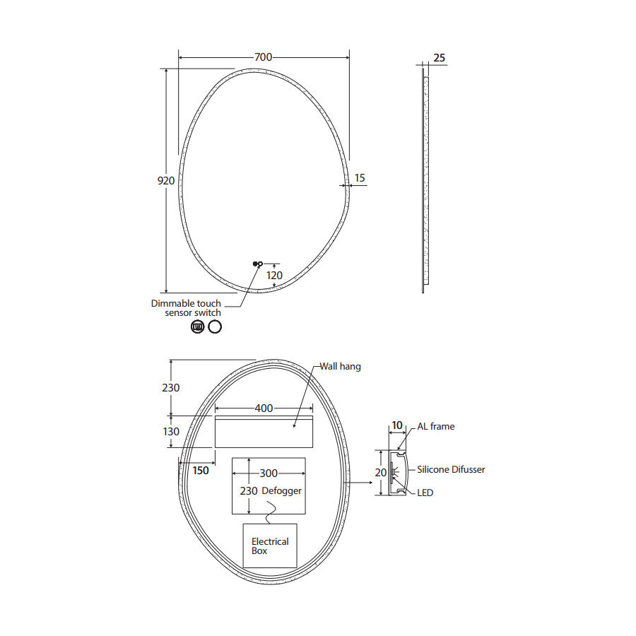 Fienza Pebble Asymmetrical LED Mirror, 700 x 920mm