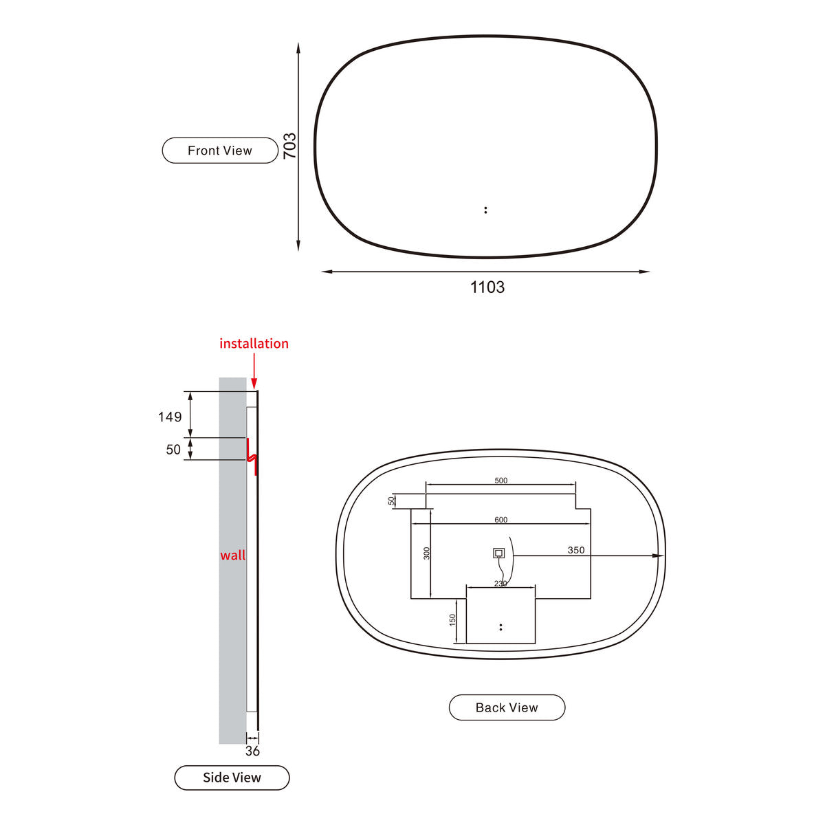 Aulic Valmont Horizontal 1100x700x30mm LED Mirror- Matte Black