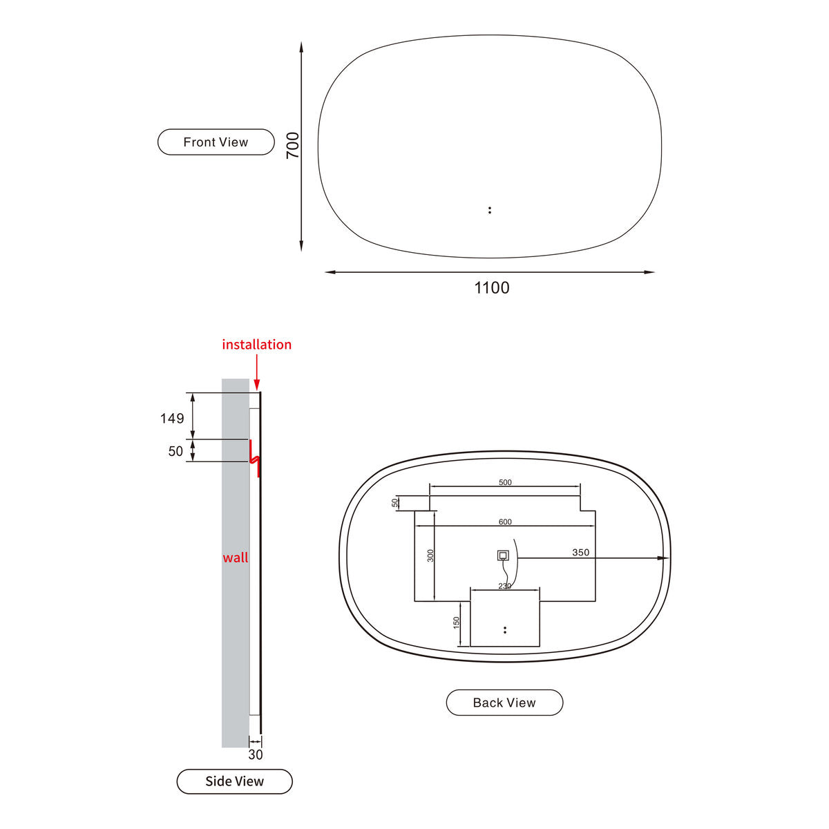 Aulic Valmont Horizontal 1100x700x30mm LED Mirror- Frameless