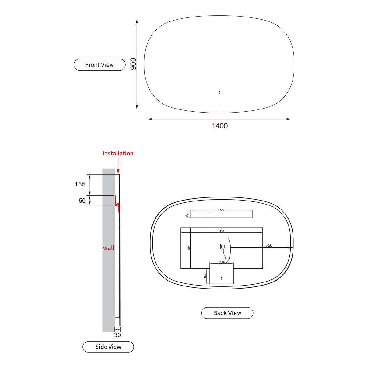 Aulic Valmont Horizontal 1400x900x30mm LED Mirror- Frameless