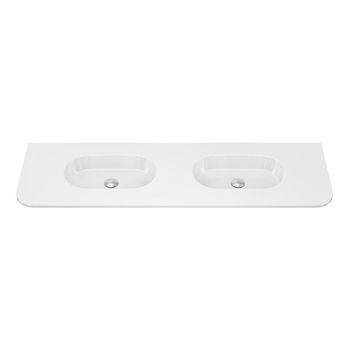 Fienza Lola Gloss Full Depth Curved Ceramic Basin Top Double Bowl 1500mm, No Taphole
