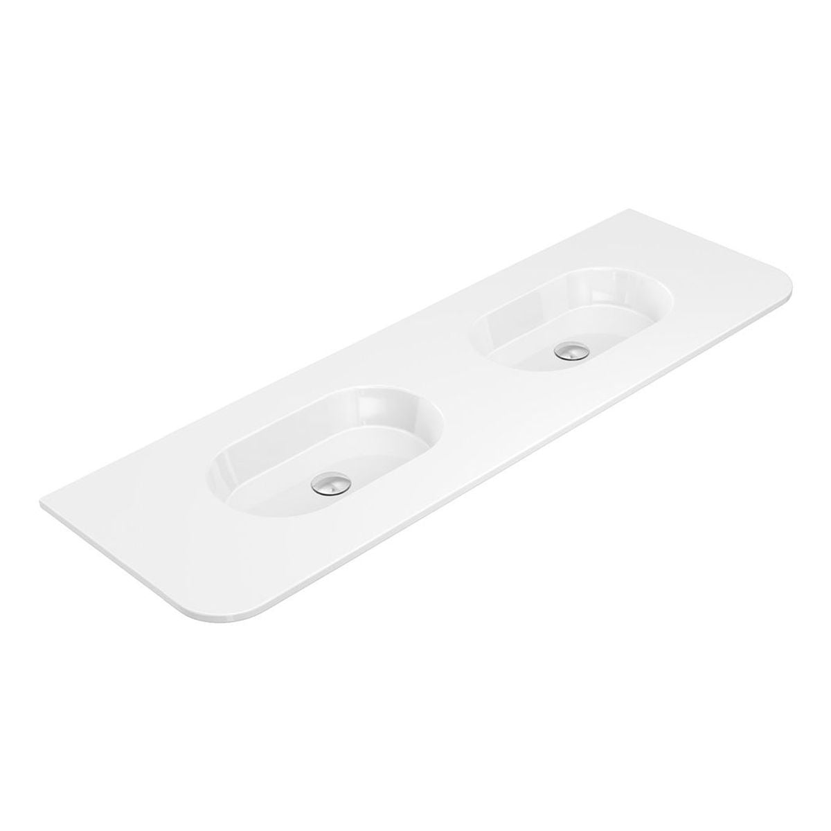 Fienza Lola Gloss Full Depth Curved Ceramic Basin Top Double Bowl 1500mm, No Taphole