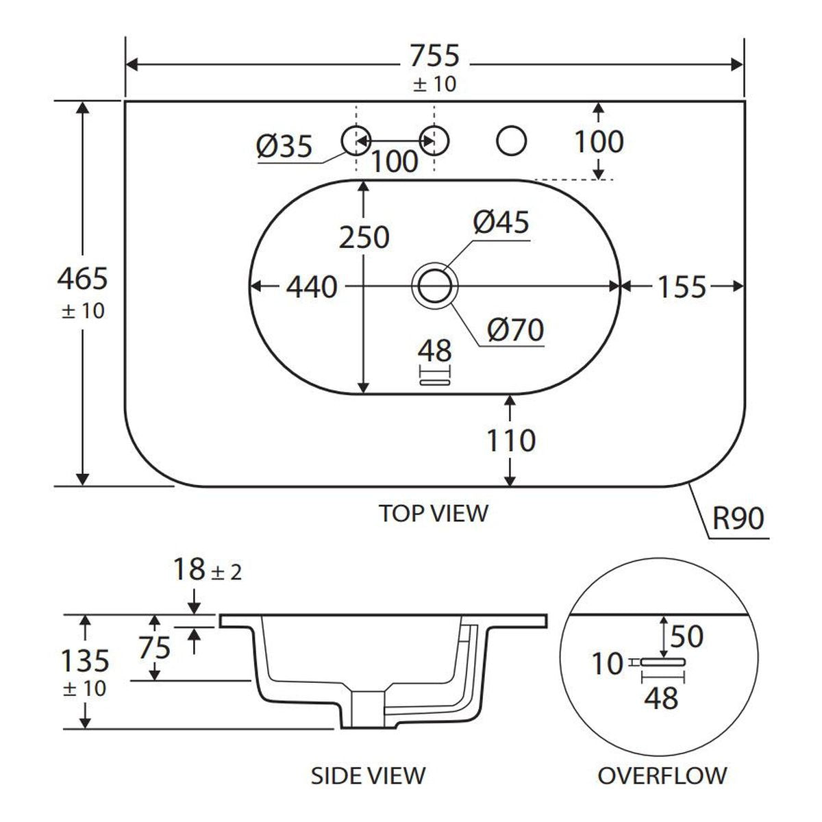 Fienza Lola Matte Full Depth Curved Ceramic Basin Top 750mm, 3 Tapholes