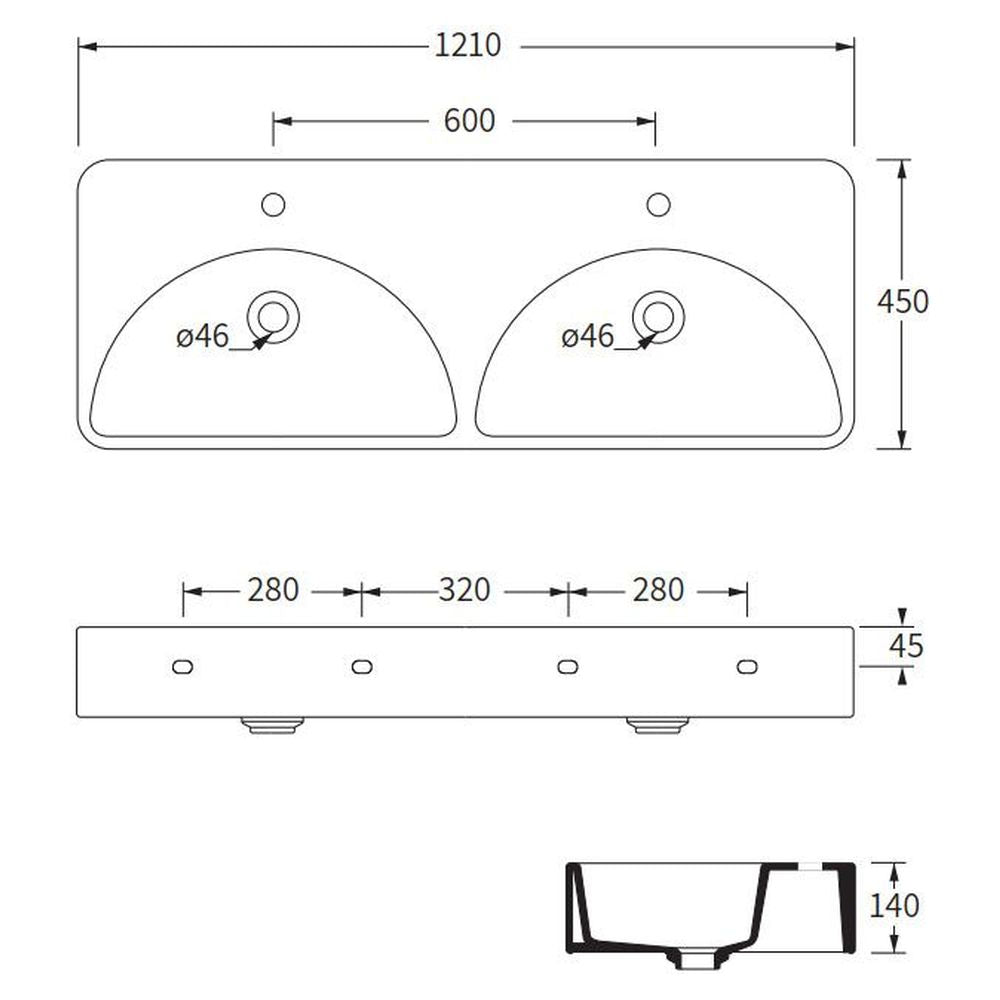 Studio Bagno Lunaris 121 Bench/Wall Basin - 2 Tapholes