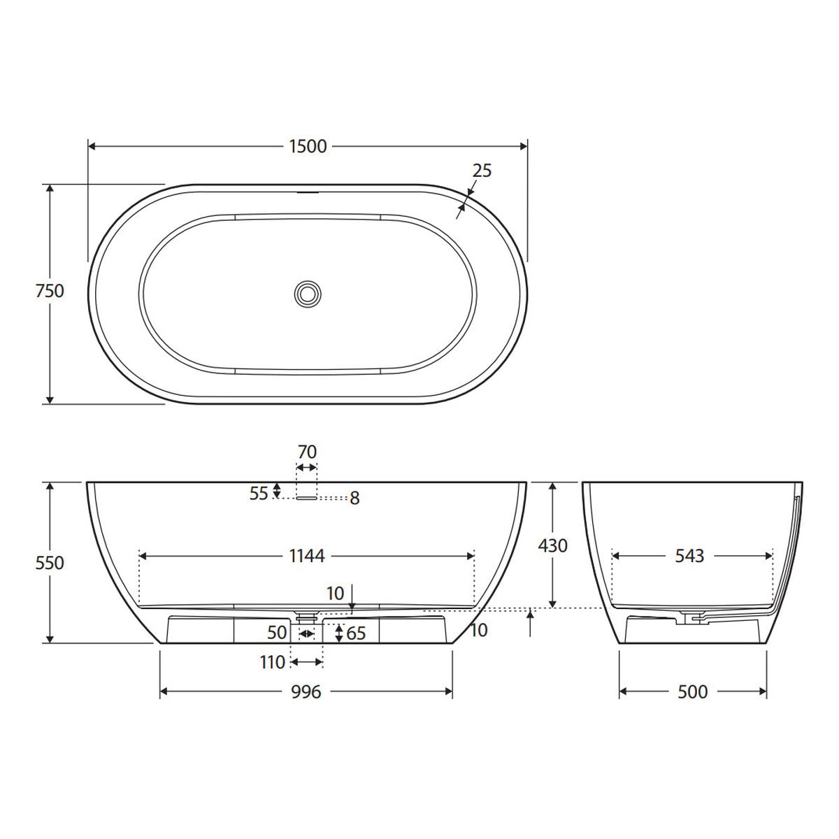 Luciana Solid Surface Bath, Matte Black, 1500mm