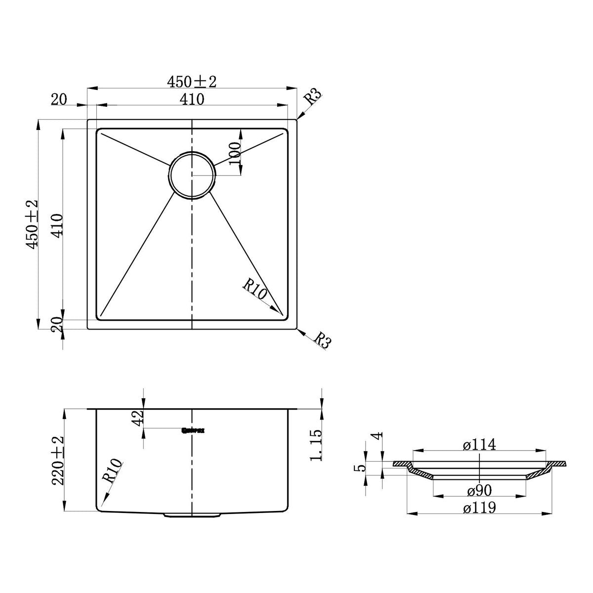 Otti Axon Sink 450X450X220 Gun Metal