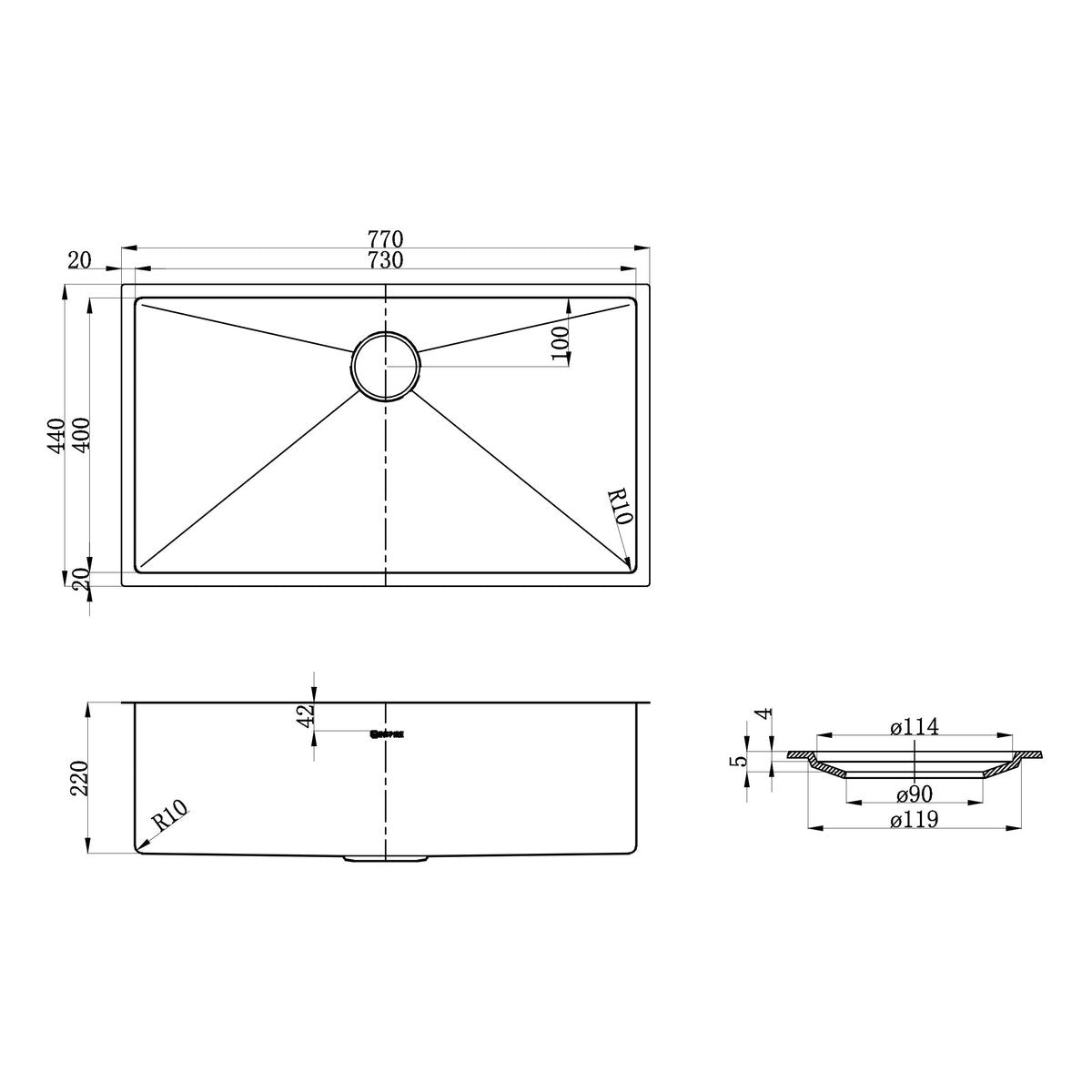 Otti Axon Sink 77S 770x440x220 Gun Metal