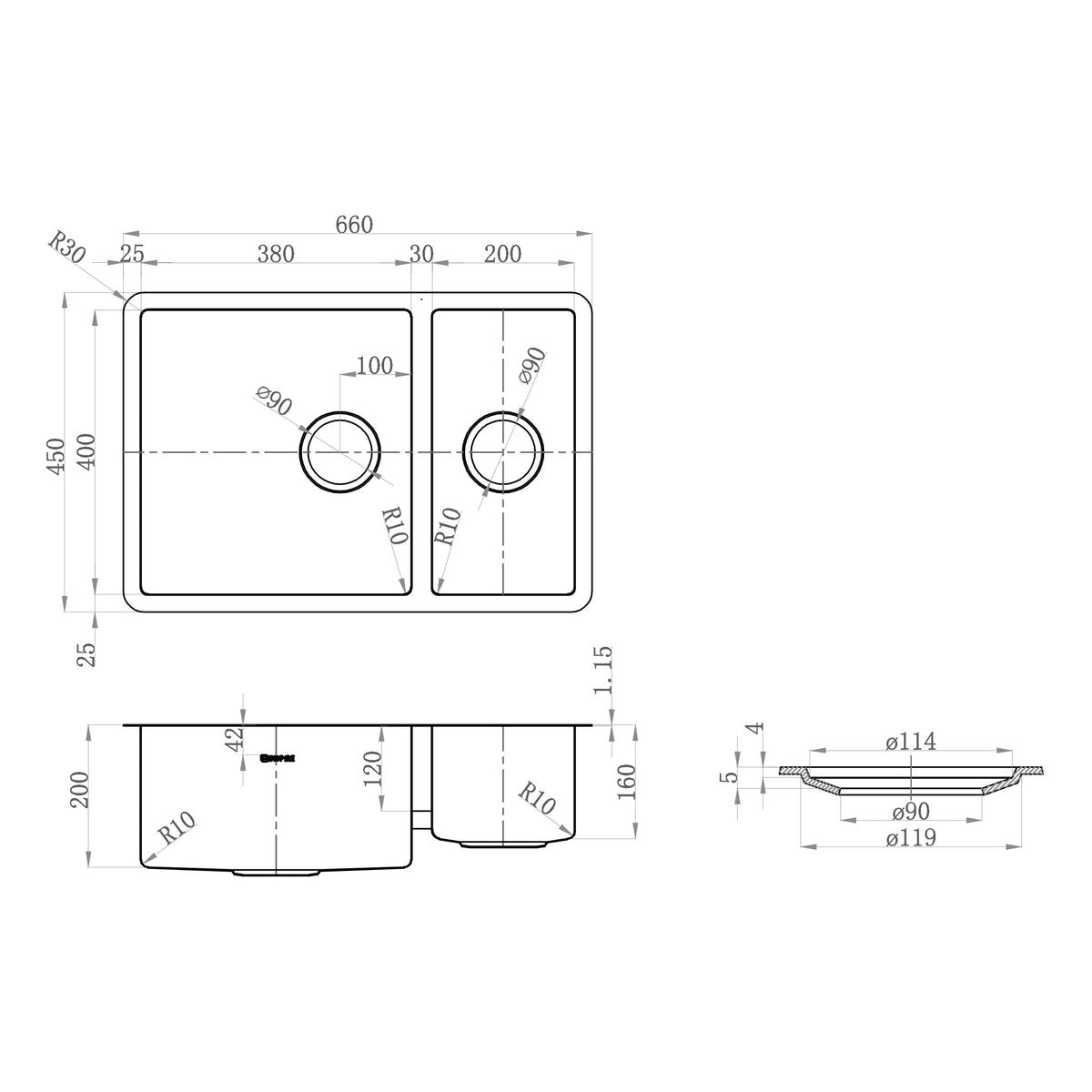 Otti Arte Sink 66D 660X450X200/160X1.2
