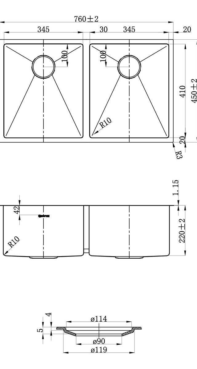 Otti Arte Sink 76D 760X450X220X1.2 Sink
