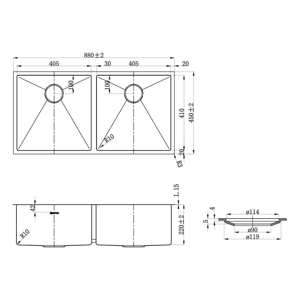 Otti Arte Sink 880X450X220X1.2 Sink With