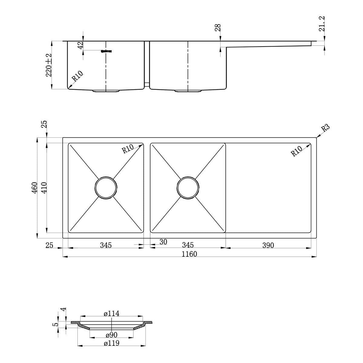 Otti Axon Sink 1160X460X220X1.2 Sink