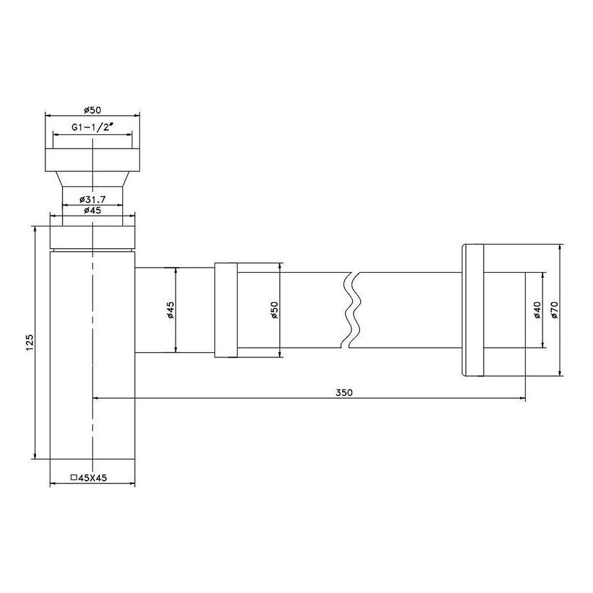 Otti Bottle Trap Square Chrome 32/40mm Waste, 40mm Connection