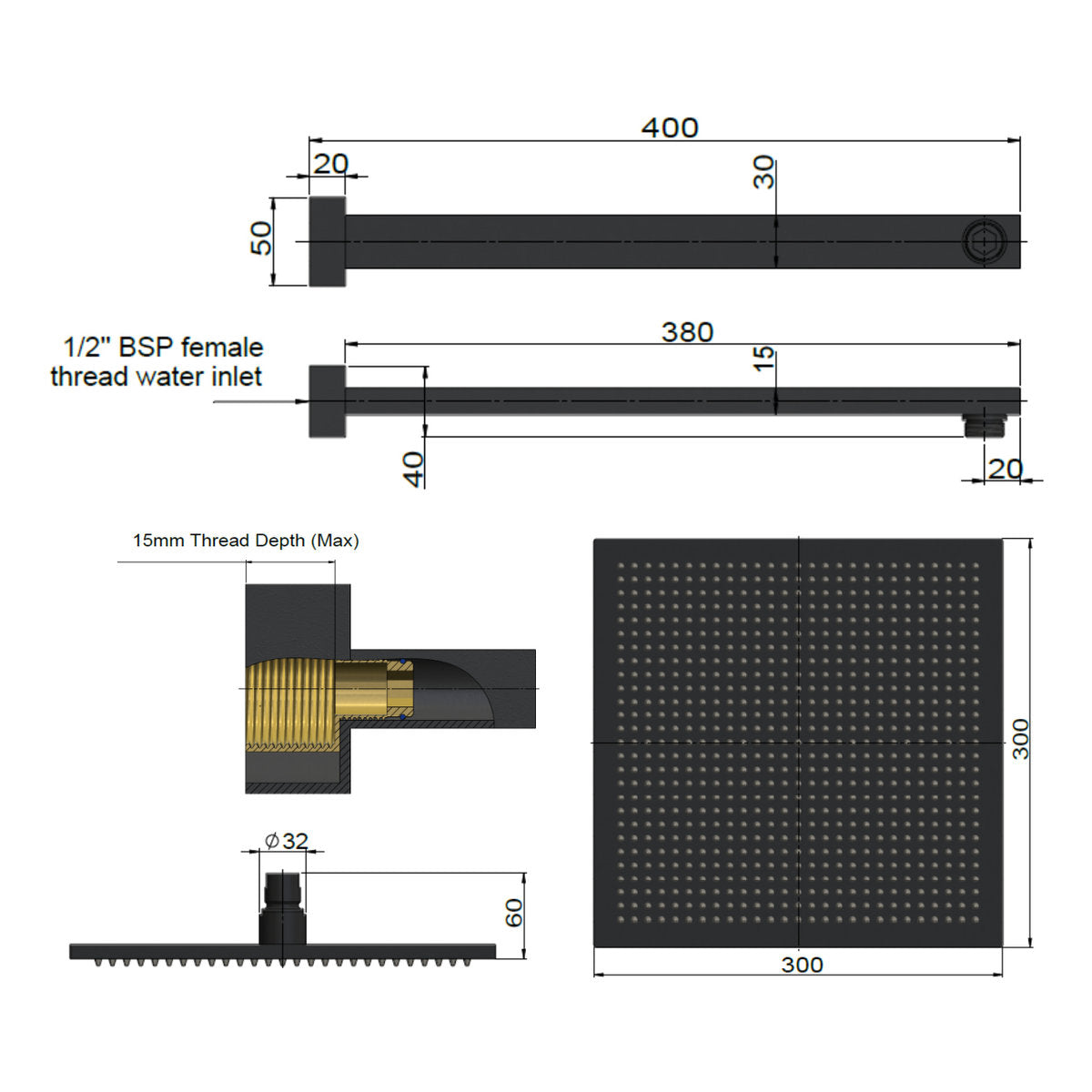 Square Wall Shower 300mm rose, 400mm arm Matte Black