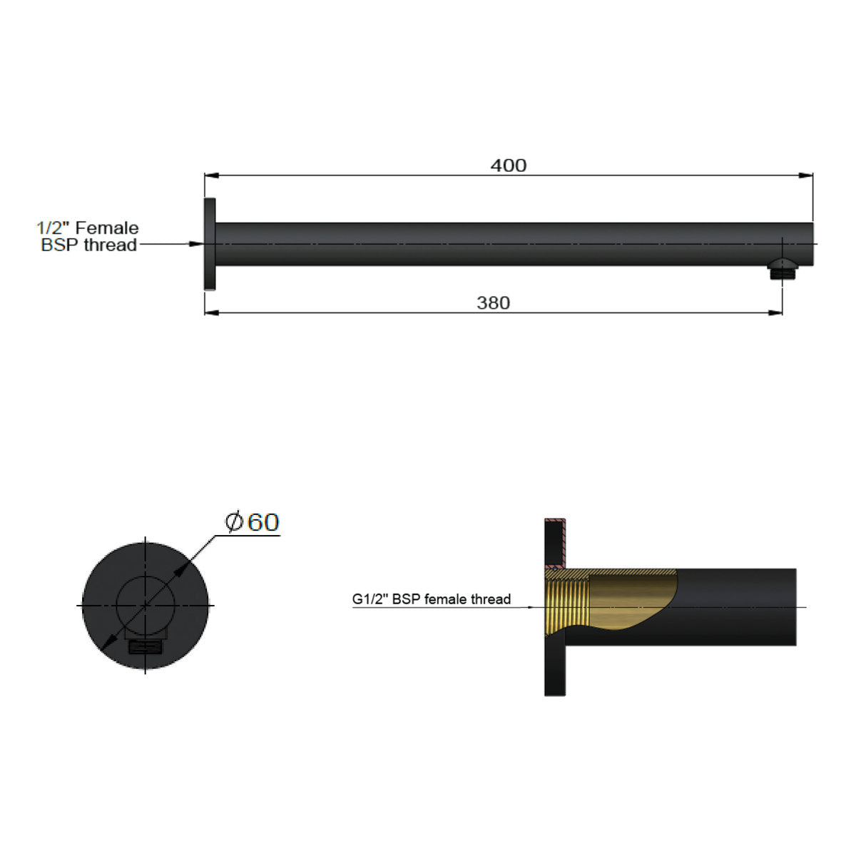Round Wall Shower Arm 400mm Brushed Nickel