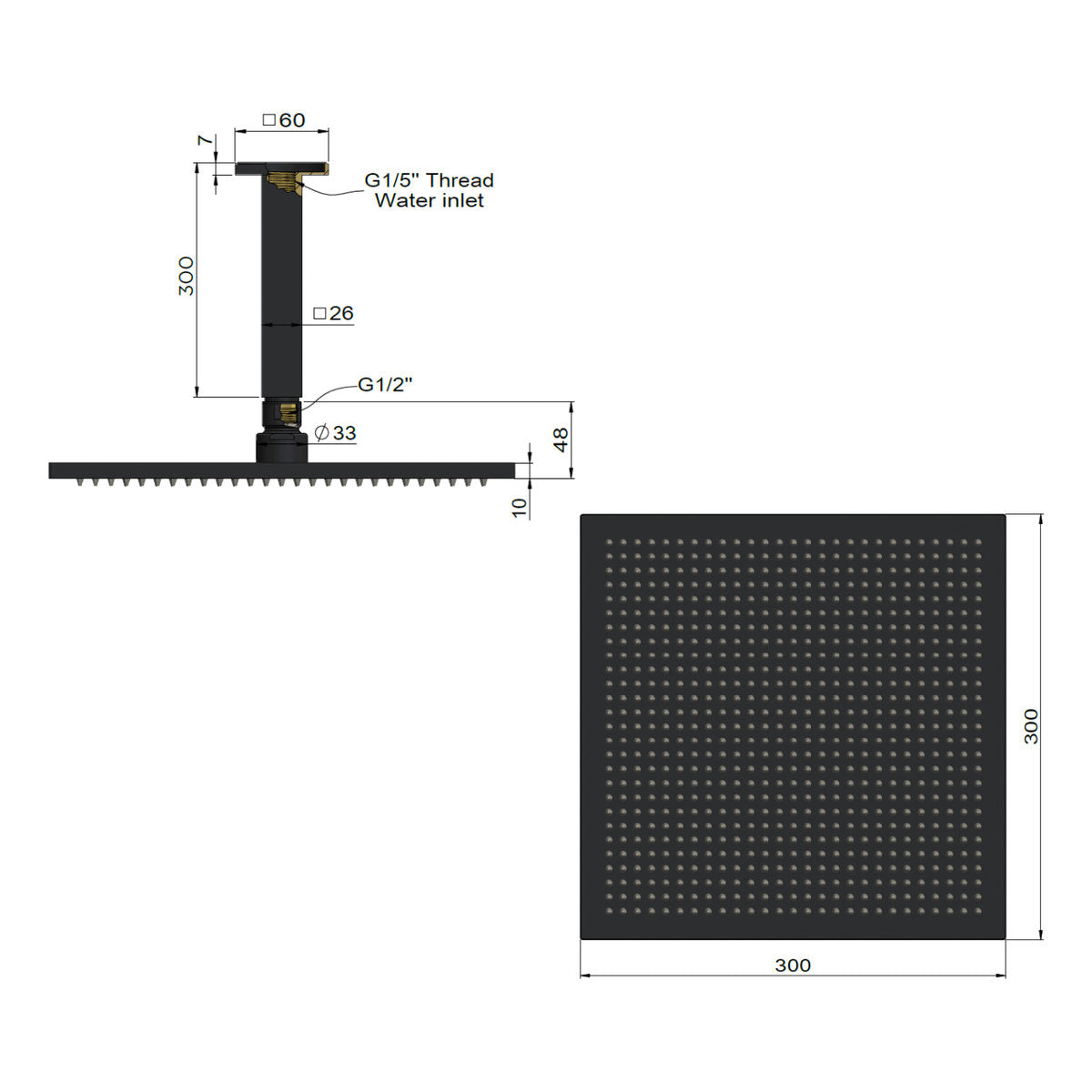 Square Ceiling Shower 300mm rose, 200mm dropper Matte Black