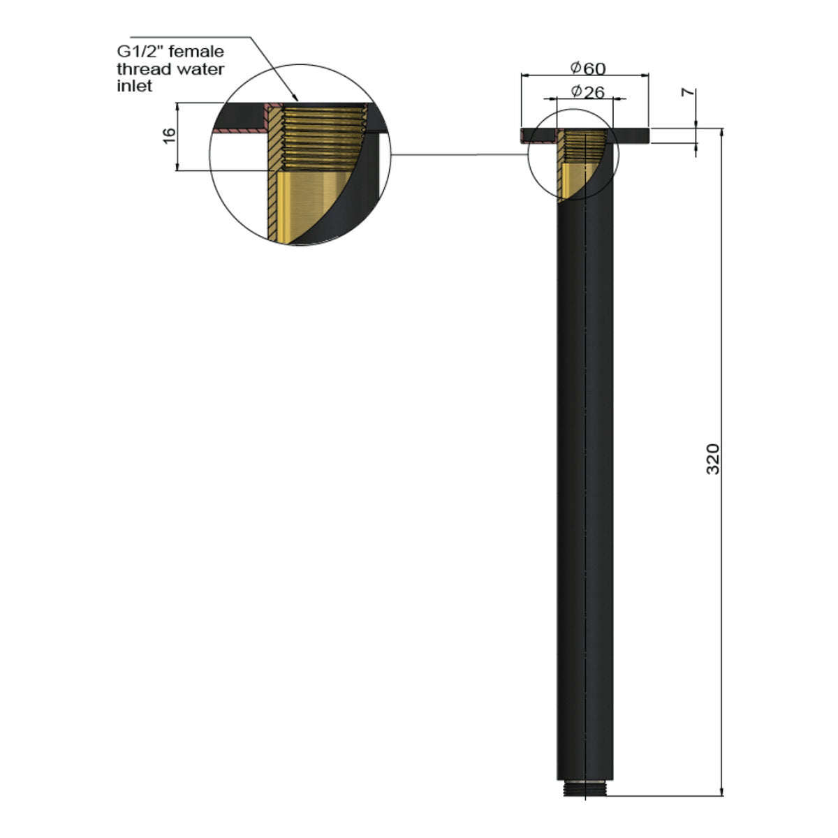Round Ceiling Shower Arm 300mm Champagne